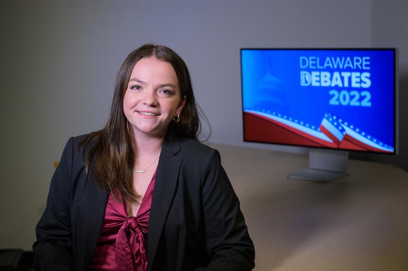 UD senior Meg Roessler, executive producer of 49 News on Student Television Network, addressed Delaware's U.S. House candidates Lisa Blunt Rochester and Lee Murphy on Oct. 20.