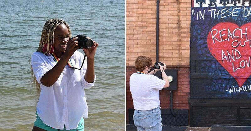 Photos of Kayla Williams and Quinn Kirkpatrick taking pictures for their senior research projects